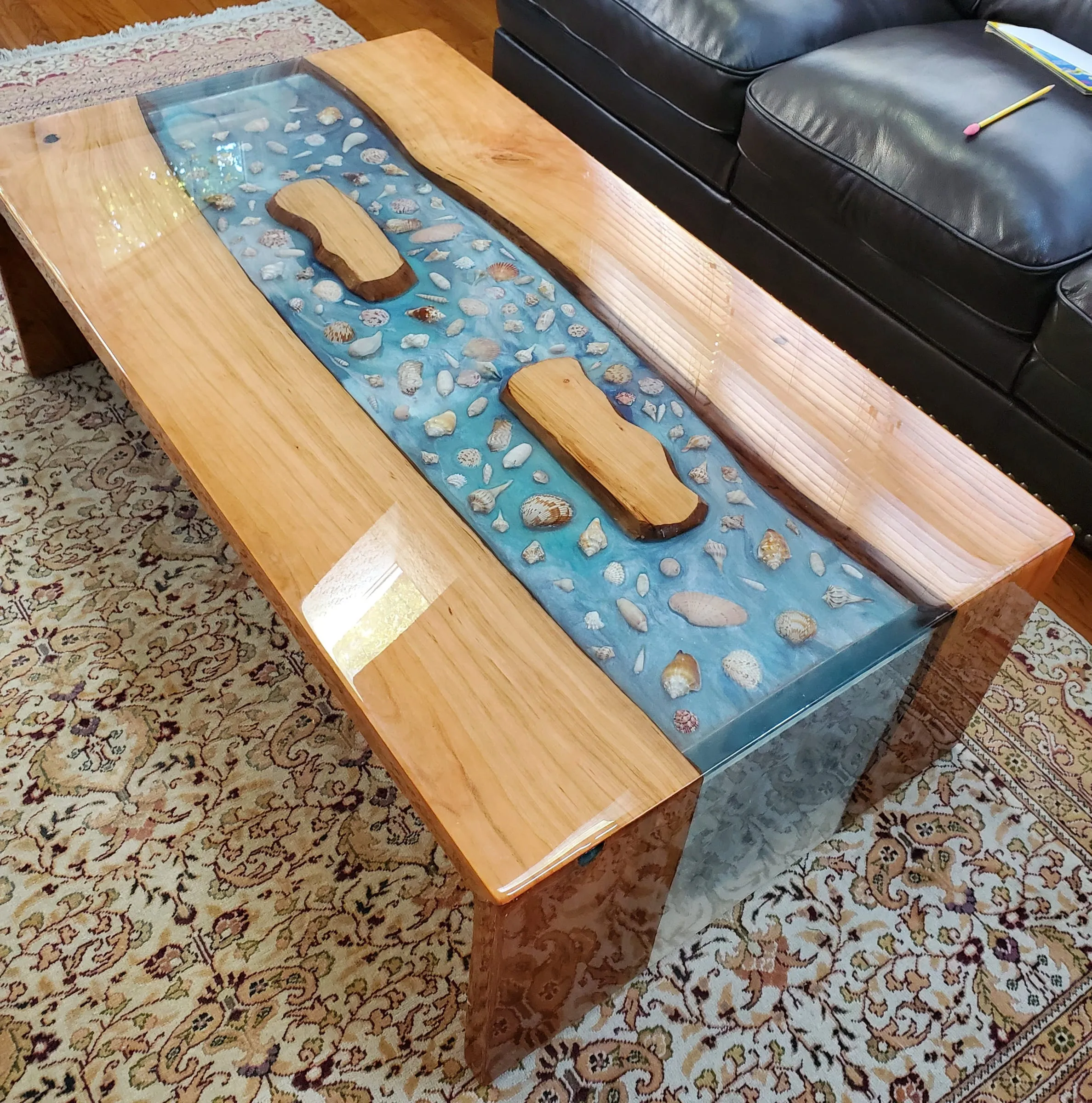 Coffee River Table — Live-edge slabs and the shell river from above