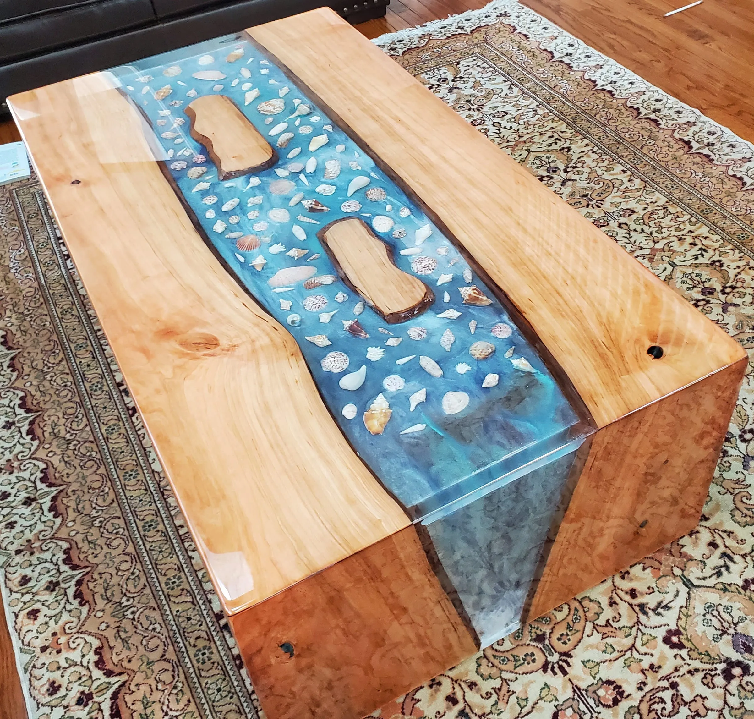 Coffee River Table — The finished table, with the waterfall end at the front