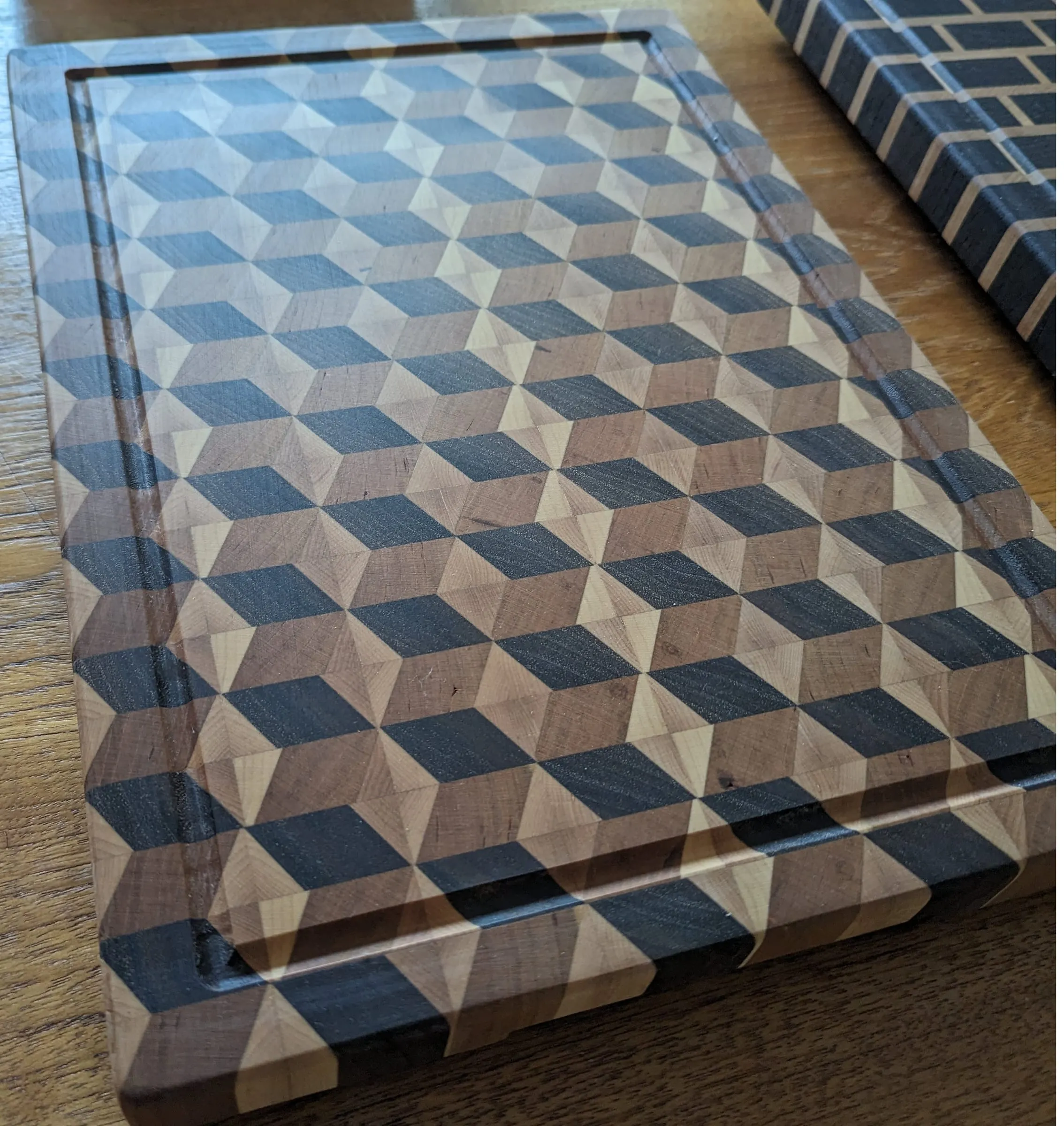 End-Grain Boards & Bowls — Tumbling-block 3D cube pattern
