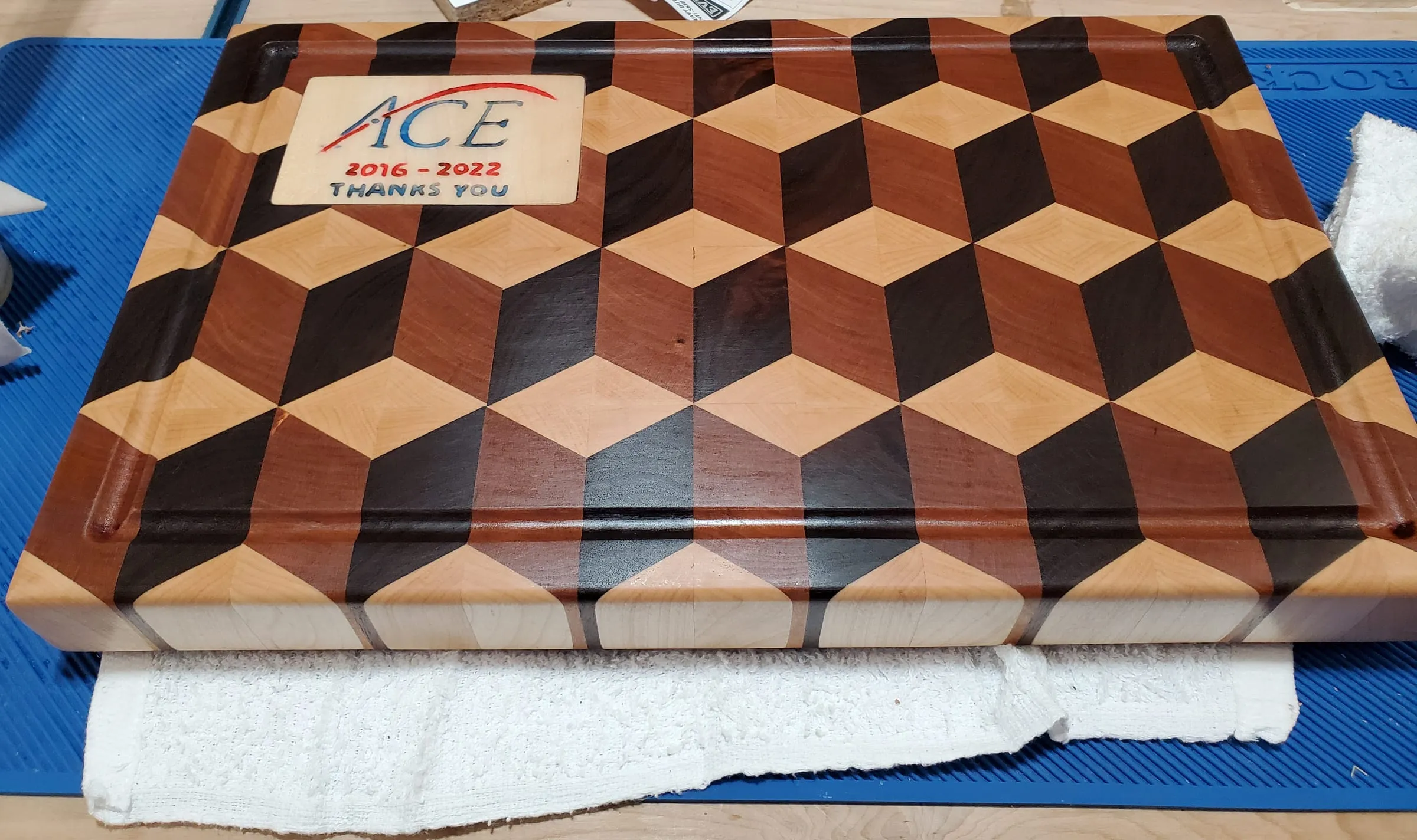 End-Grain Boards & Bowls — Custom commemorative board in red, tan and cream cubes