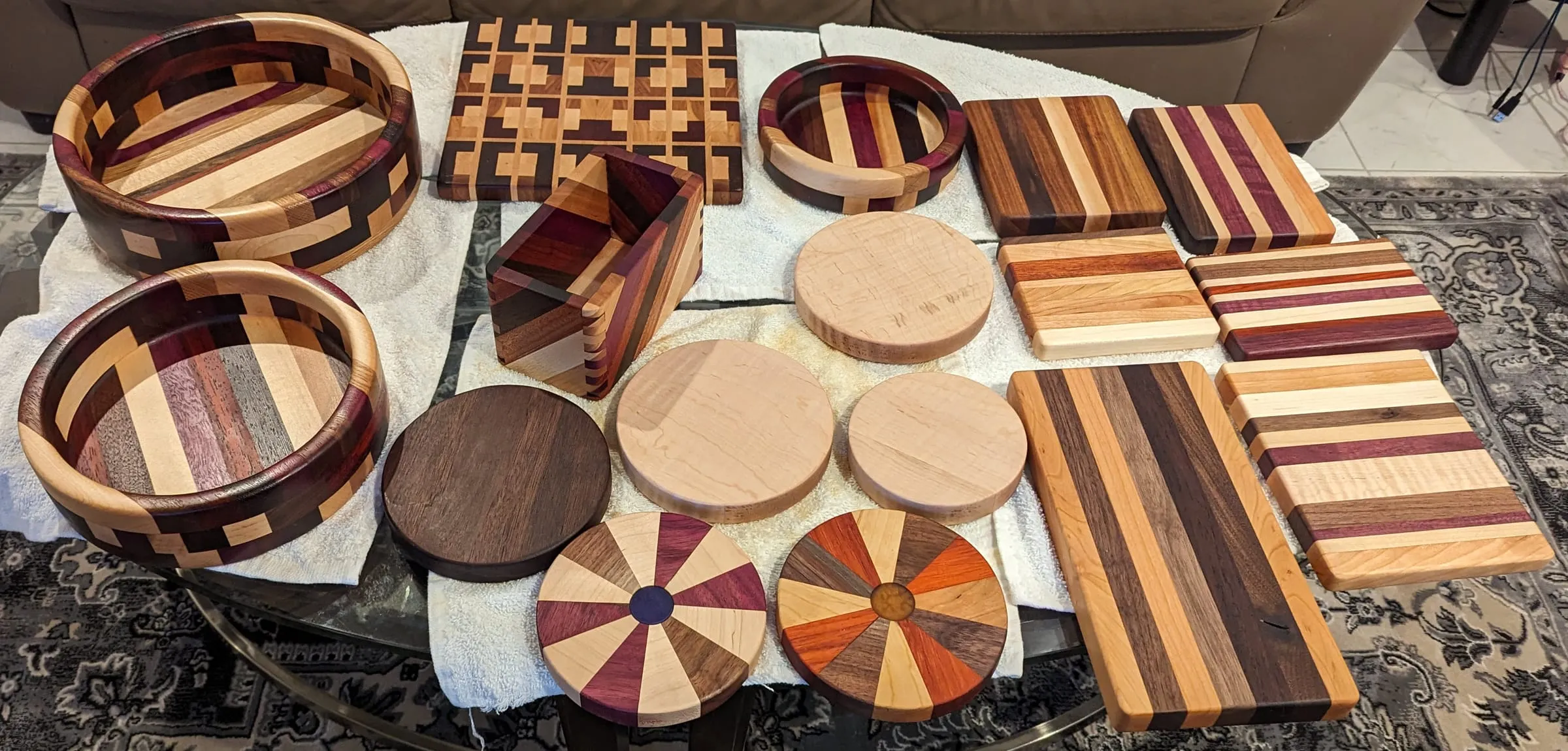 End-Grain Boards & Bowls — Boards, coasters and turned bowls laid out together