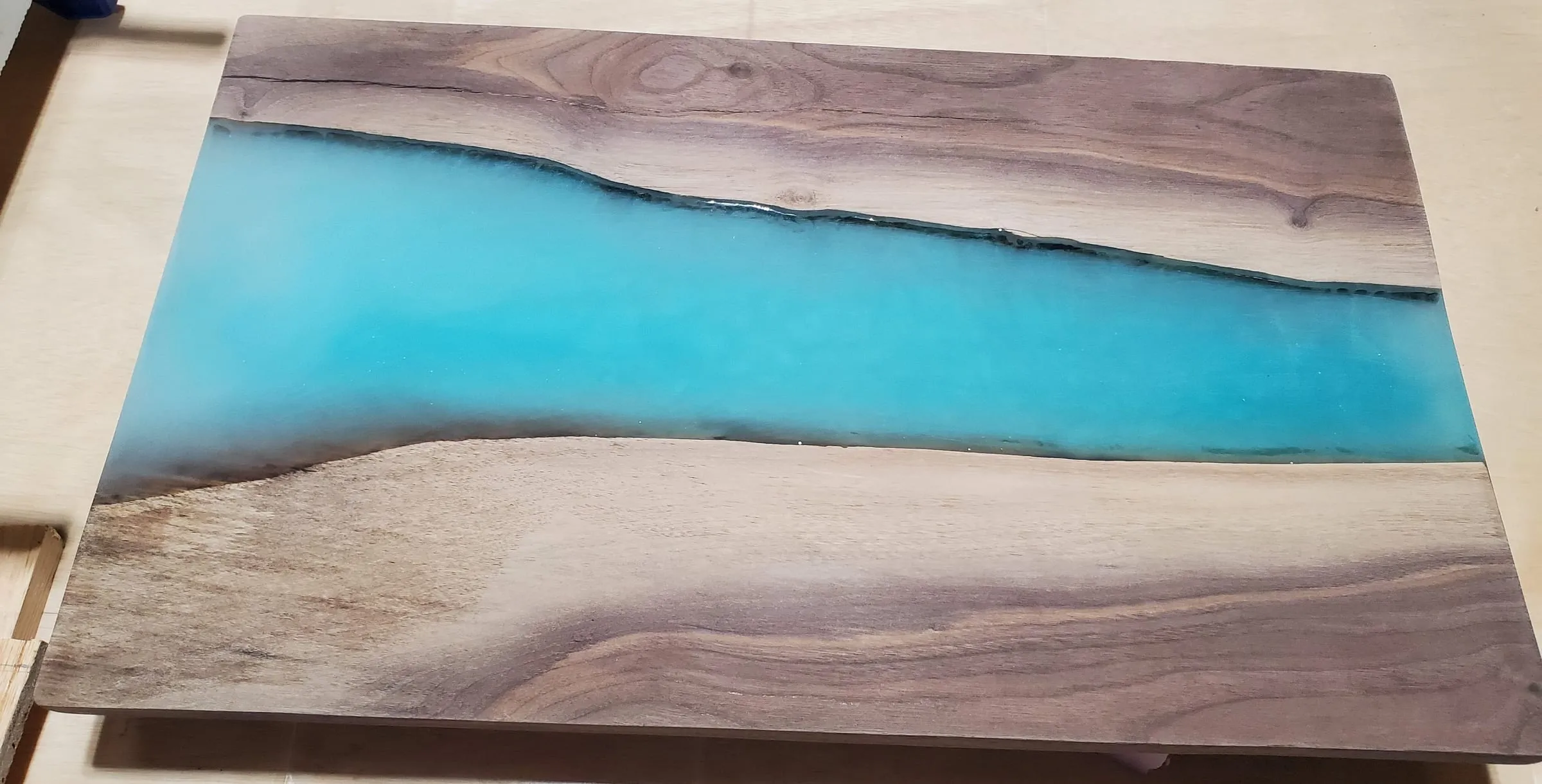 River Shell Trays — Finished walnut tray with a turquoise river