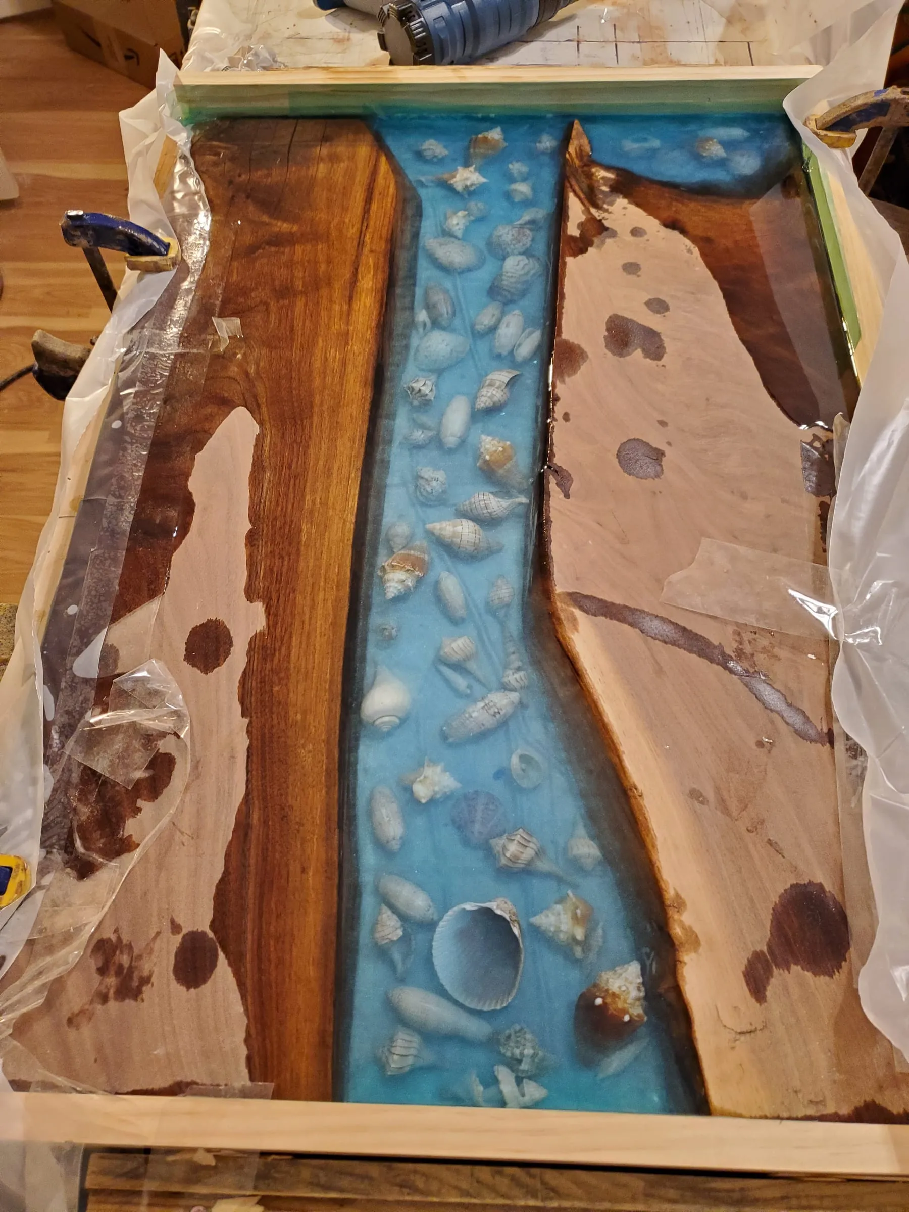 The First River Table — Pour day: shells in the river