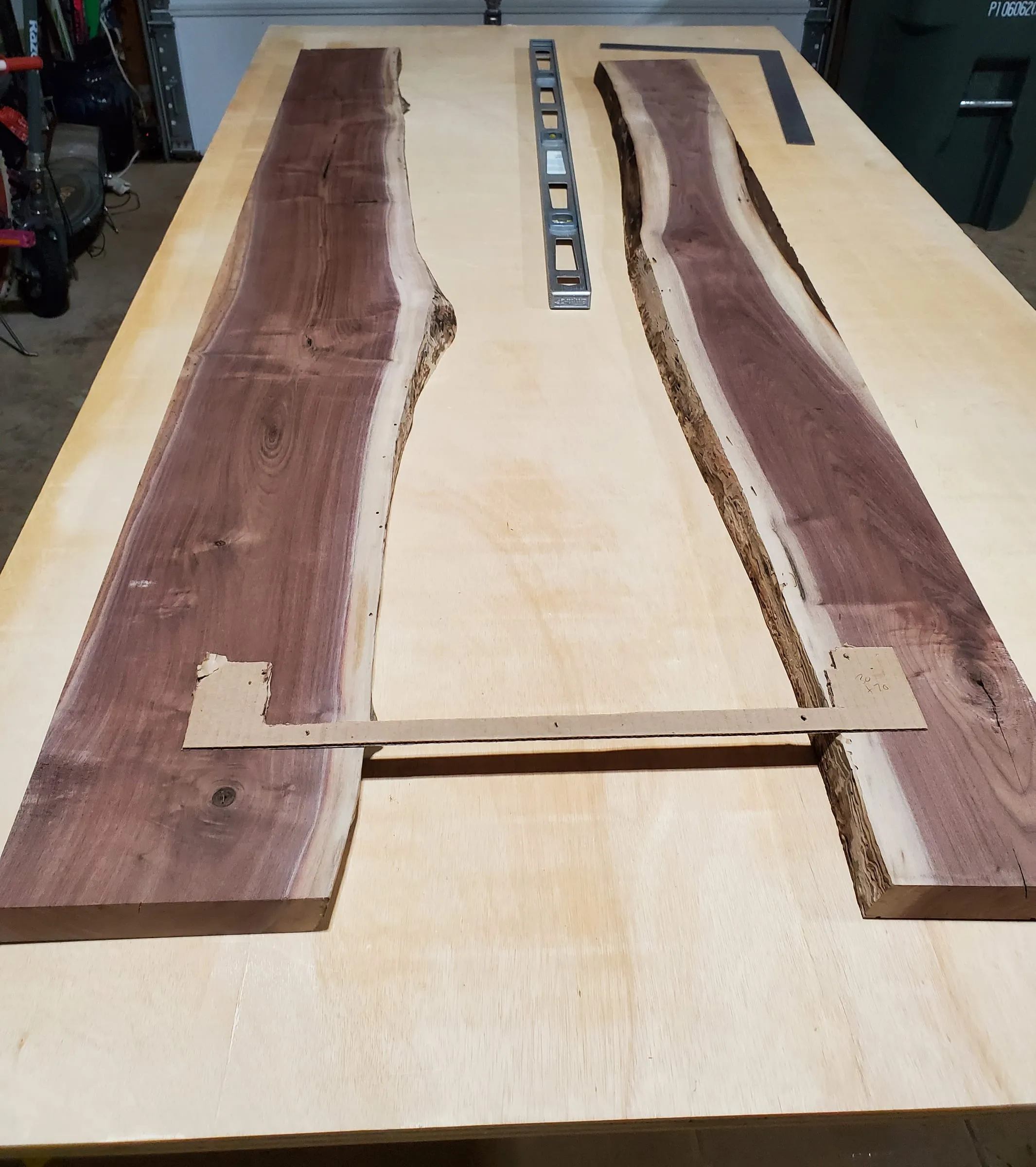 The Outdoor River Table — Walnut slabs laid out on a template