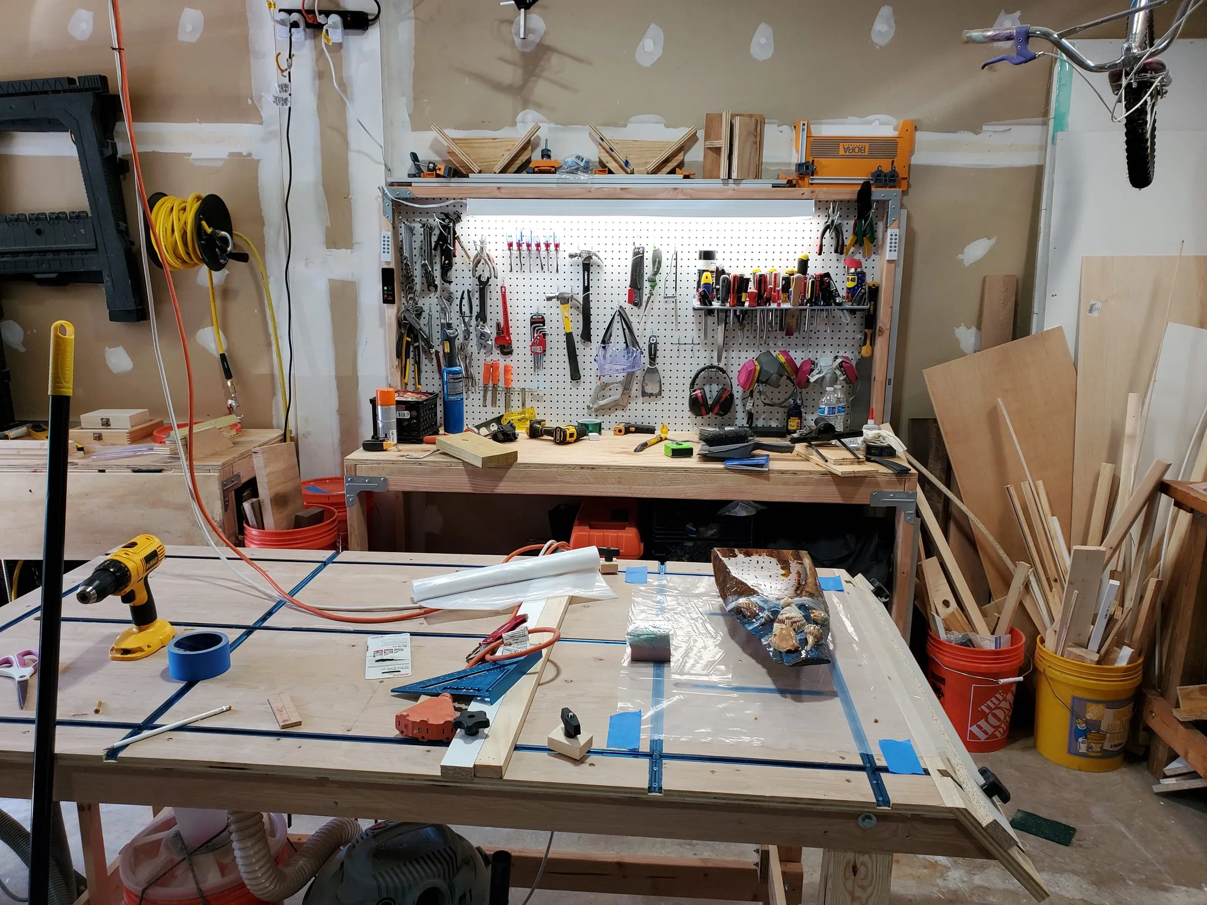 The Workshop — A bench with taped-off epoxy work surface
