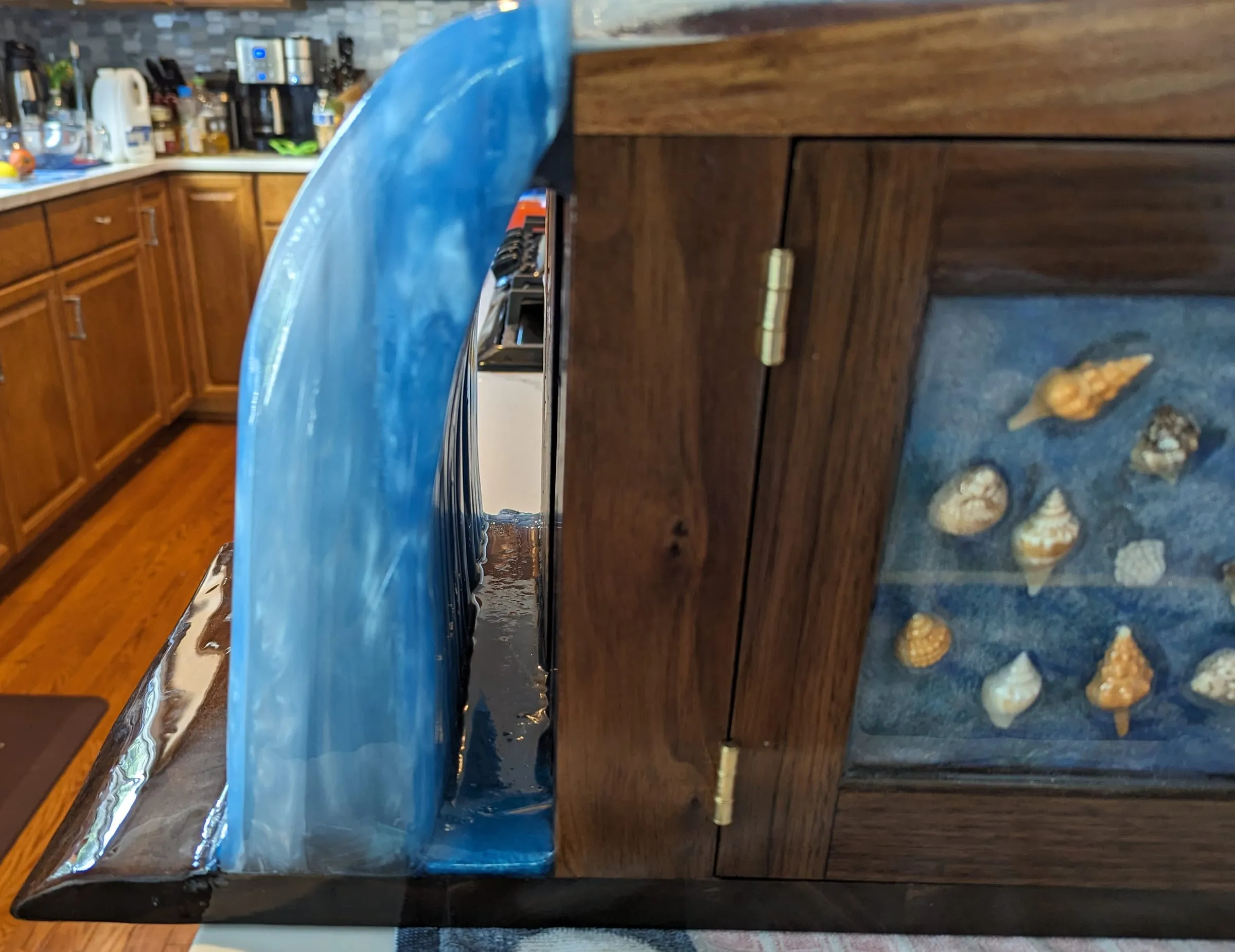 The Waterfall Cabinet — The cascade and a shell-filled door panel