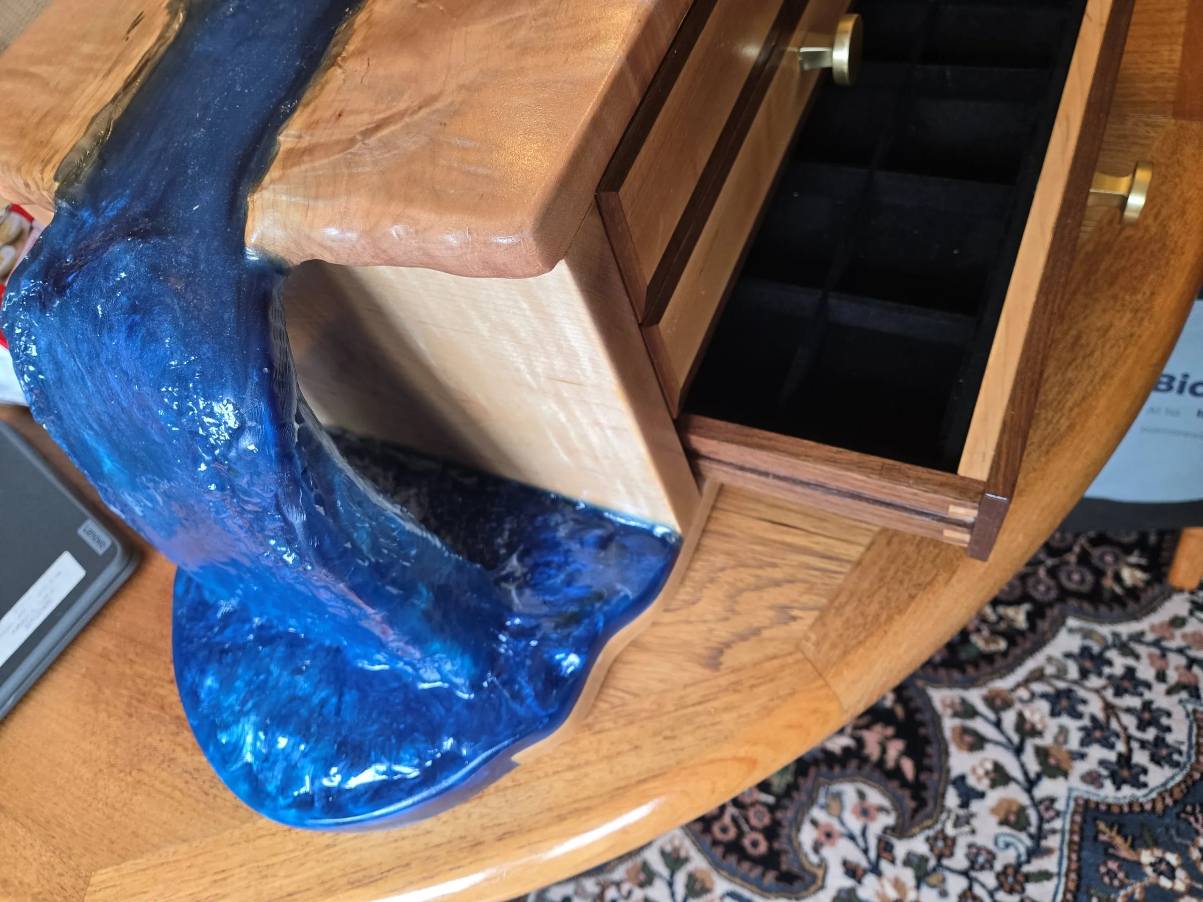 Waterfall Jewelry Box — Top drawer open, with the waterfall pooling beside it